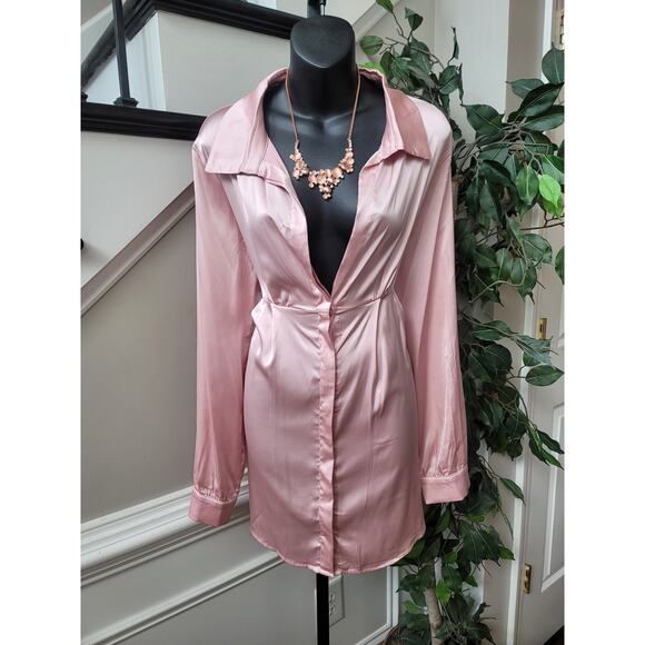 Fashion Nova Shirt Dress Women's Size Large Pink Polyester Long Sleeves - Picture 2 of 13